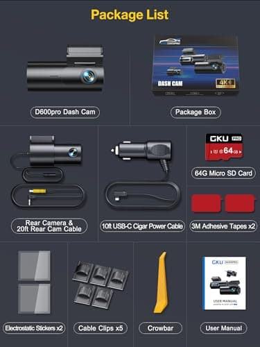 GKU Dash Cam Front and Rear Camera,4K+1080P, 5.8GHz WiFi & GPS Dash Camera for Cars,with 64G SD Card,1.47" Display Dashcam, 24HParking Mode,App,Super Night Vision,Support Max 256GB (D600Pro) 8