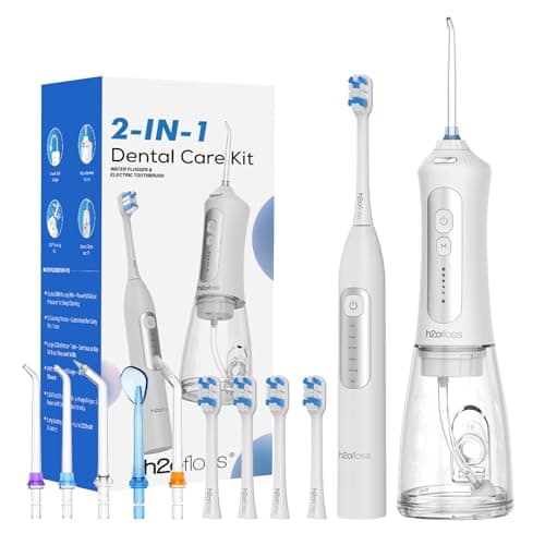 H2ofloss Sonic Electric Toothbrush and Water Flosser Combo, Rechargeable 2000mAh Toothbrush and 2500mAh Oral Irrigator with 300ml Tank, 4 Brush Heads, 5 Nozzles, 2 in 1 for Home and Travel (White)
