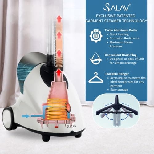 SALAV GS18 Full-Size Clothes Steamer - 1500W Power, 1.8L Water Tank, 60-Min Garment Steam, Iron Clothing, Adjustable Pole & Wheels for Easy Storage, Professional Standing Steamer for Clothes, White 8