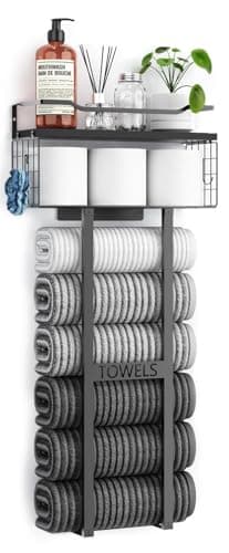 Aetyord Towel Racks for Bathroom 31inch Wall Mounted Towel Rack,Floating Shelf with Wood Plank,Towel Storage for Bathroom can Holds 6 Large Rolled Towels,All Black