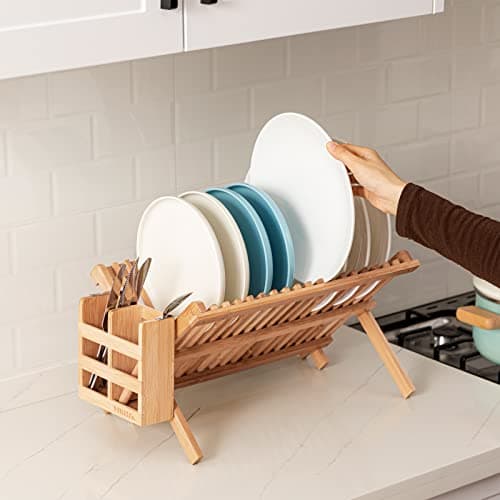 HBlife Dish Rack, Bamboo Folding 2-Tier Collapsible Drainer Dish Drying Rack with Utensils Flatware Holder Set (Dish Rack with Utensil Holder) 6