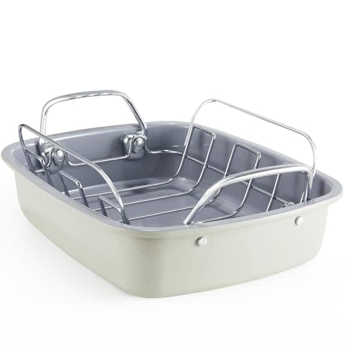 KITESSENSU Large Roasting Pan with Rack - 25 LB Nonstick Turkey Roaster Pan for Oven - Heavy Duty Carbon Steel Roasting Pan with Wider Handles for Chicken, Vegetables & Holiday Meals, Cream