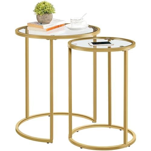 Yaheetech Round Nesting Side Table Stacking Coffee Table, Set of 2 Circular End Tables w/Metal Frame & Tempered Glass Top & Protective Foot Pads for Small Space Living Room Office, Mustard Gold