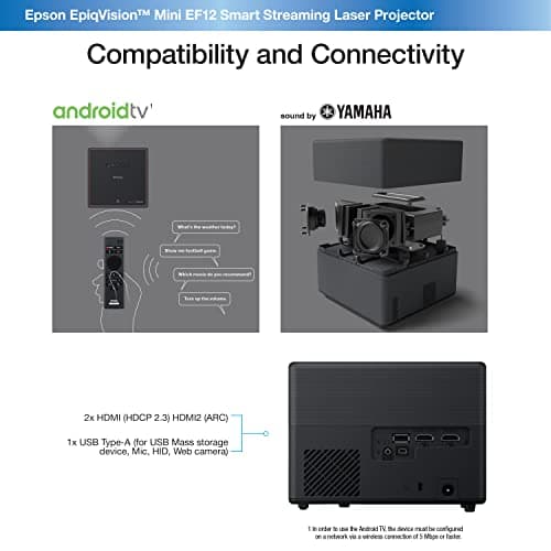 Epson EpiqVision Mini EF12 Smart Streaming Laser Projector, HDR, Android TV, Portable, sound by Yamaha, 3LCD, 1080p, 1000 lumens Color and White Brightness (Renewed) 12