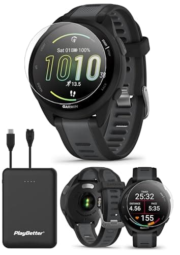 PlayBetter Garmin Forerunner 165 (Black/Slate Gray) Running GPS Smartwatch Bundle - AMOLED Touchscreen, 11-Day Battery, Training & Recovery - Includes Screen Protectors & Portable Charger