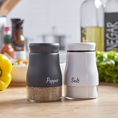 Salt and Pepper Shakers Set, Bivvclaz 5 Ounce Salt and Pepper Dispenser with Glass Bottom, Cute Salt and Pepper Shakers for Modern Home Kitchen Decor, Easy Filling 5