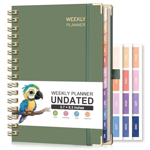 RETTACY Undated Planner, Weekly and Monthly, 53 Weeks and 12 Months, Medium Size (5.7" x 8.3"), 24 Self-adhesive Monthly Tabs, Hardcover, 100 GSM Thick Paper, Spiral-bound (Light Green)