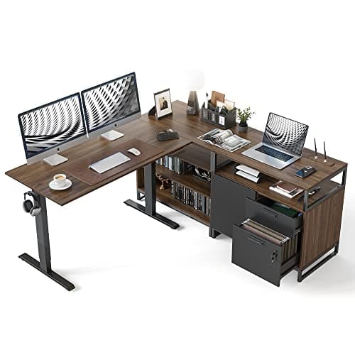 FEZIBO 66 Inch L Shaped Standing Desk with Drawers & Shelves, Executive Table Adjustable Height, Black Walnut Top/Black Frame