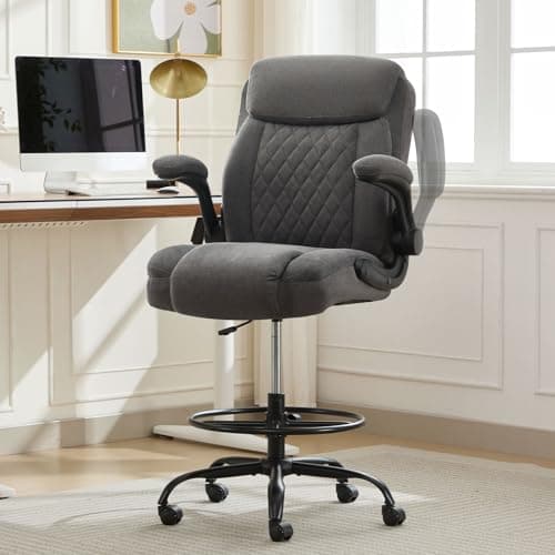 MAHOMICO Drafting Chair for Standing Desk – Tall Office Chair with Adjustable Height & Foot Ring, Flip-Up Arms, Lumbar Support – Comfortable Fabric Seat, Ideal Home Desk Chair