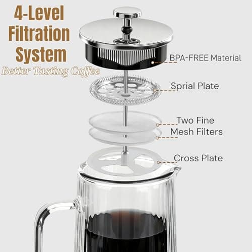 CHDEXU Glass French Press Coffee Maker 34oz, Double Wall Heat-Resistant Borosilicate Glass Coffee Press with Stainless Steel 4-Level Filtration, Also Fit for Tea 6