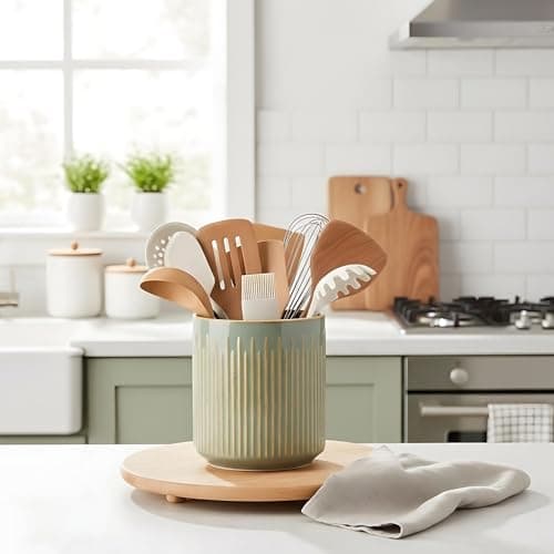 JIEMEI HOME Kitchen Utensil Holder, Ceramic Stable Utensil Crock for Countertop, 7.2" Large Utensil Organizer with Cork Mat, Removable Bamboo Divider for Kitchen Décor and Accessories, Green 6