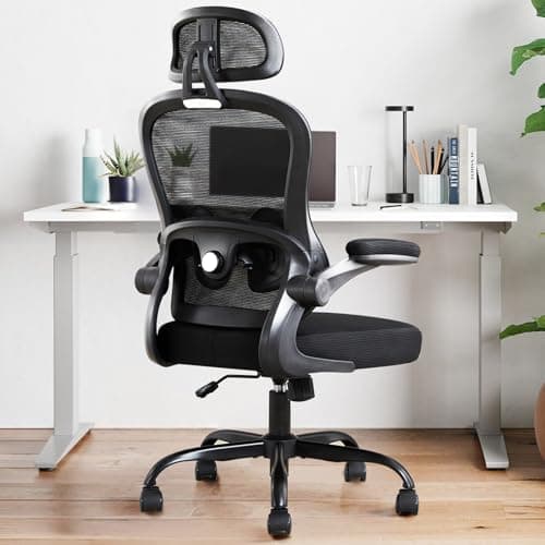 TUKAKA Ergonomic Office Chair,Ultra Thick Office Desk Chair with Adjustable Lumbar Support and Headrest,Spring Cushion,Rocking Function,Flip-up arms,Mesh Computer Chair for Home Office,Black