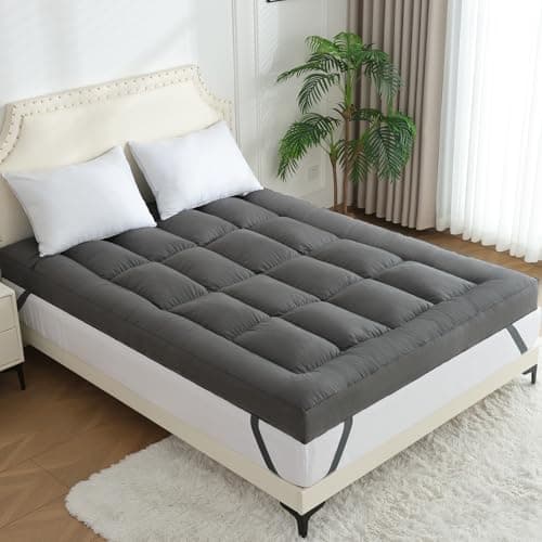 WhatsBedding 5 Inch Mattress Topper Queen Size, 4 Layer Goose Feather Bed Topper, Filled with Shredded Foam, 100% Cotton Mattress Pad Cover, CertiPUR-US Certified, Grey Color, 60x80 7