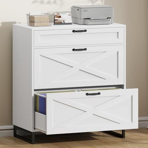 Halitaa File Cabinet 3 Drawers Lateral File Cabinet for Letter/Legal/A4 Size Hanging Files, Large Wood File Storage Cabinets Printer Stand for Home Office, White and Black