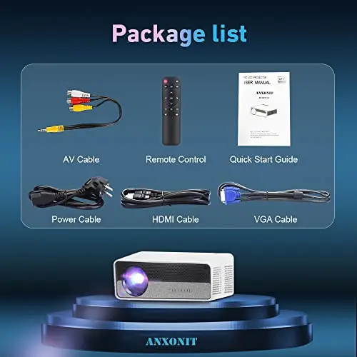 ANXONIT Native 1080P Projector, 500 ANSI Lumens FHD Video Projector, 5G WiFi Screencast, Dual 8W Speakers with Bluetooth, 300" Screen Home Theater,Compatiable with Android / IOS 7