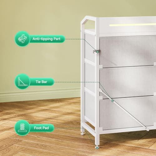 KKL White Dresser for Bedroom with Light Strip & Power Outlet — 8 Drawers Dressers & Chest of Drawers with Shelf, Wood Top, Metal Frame, Wide Dressers for Girls Bedroom, Living Room, Hallway, Closet 8