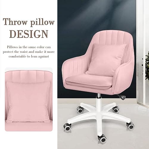 HDHNBA Mid Back Velvet Vanity Chair Swivel Rolling Desk Chair with Wheels, Modern Upholstered Makeup Chair for Women Girls, Computer Task Chair for Bedroom Living Room Office, Pink 7