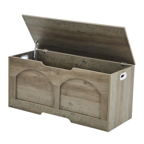 oakvivo Storage Chest, 31.5" Retro Wooden Storage Bench, Entryway Storage Trunk, Supports 330 lb, Upgraded Safety Lift Support Hinge, Entryway Bench, U-Shaped Opening for Entryway Living Room, Greige 9