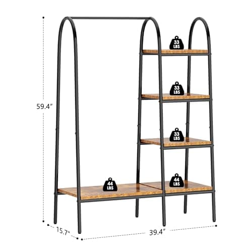 DlandHome Free-Standing Garment Clothing Racks, Home Metal Clothing Rack with 4-Tier Storage Shelves and Hanging Rod Closet Storage Organizer Clothing Rack for Bedroom Living Room Entryway,Retro 5
