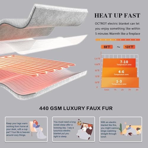 OCTROT Electric Heated Throw 50"x62" With Foot Pocket, 10 Heating Levels, 5 Timer Auto-Off, Soft Cozy Warming Blanket for Couch, Machine Washable, Grey 6