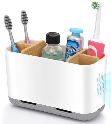 GFWARE Toothbrush Holders for Bathrooms - Bamboo Divider Toothbrush and Toothpaste Holder with Drainage, Kids Electric Toothbrush Organizer for Bathroom Countertop, White Tooth Brush Holder