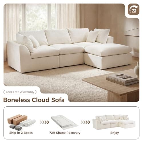 Amsleekey 108" Cloud Sectional Couches, with 1 Extra Washable Cover, L Shaped 25.6" Deep Seat Couch with Ottoman, Oversized Comfy Living Room Sofa, DIY Color Refresh (White Sofa + Gray Cover Set) 7