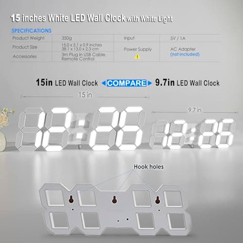 KOSUMOSU Digital Wall Clock 15" 3D LED Wall Clock Light Alarm Clock for Bedroom Living Room Decor,Modern Aesthetic Large Clock with Remote Control (White Light) 5