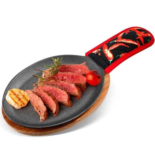 Lallisa 1 Set Cast Iron Fajita Plate Set Fajita Plate Pan with Wooden Tray Anti Scald Protection Hot Mitt Cast Iron Skillet Set for Home Barbecue Kitchen Party Restaurant Catering Service