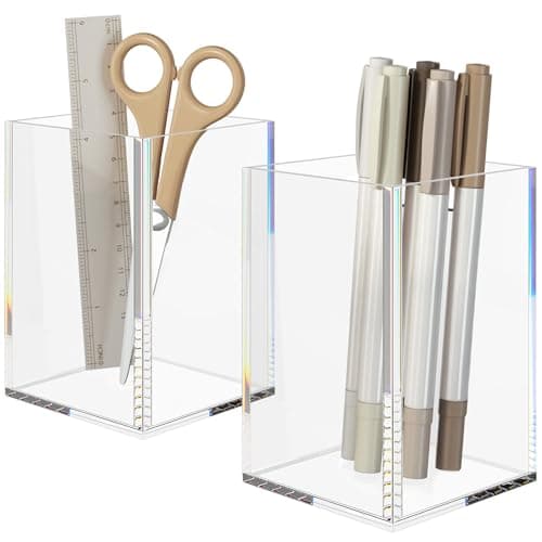 NIUBEE Acrylic Pen Holder 2 Pack,Clear Desktop Pencil Cup Stationery Organizer for Office Desk Accessory