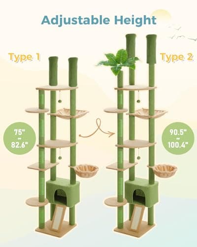 PEQULTI Tall Cat Tree, Floor to Ceiling Cat Tree Tower Adjustable [90.5''-100.4''=230-252CM] with Cat Condo, Cat Hammock and Scratching Post, Climbing Tree for Indoor Large Cats, Green 5