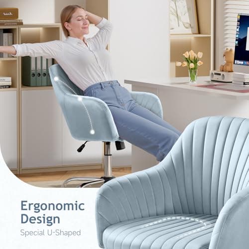 Warmiehomy Velvet Desk Chair for Home Office, Modern Adjustable Swivel Task Chair, Women Vanity Chairs with Arm Rest for Bedroom Dressing Room, Light Blue 3