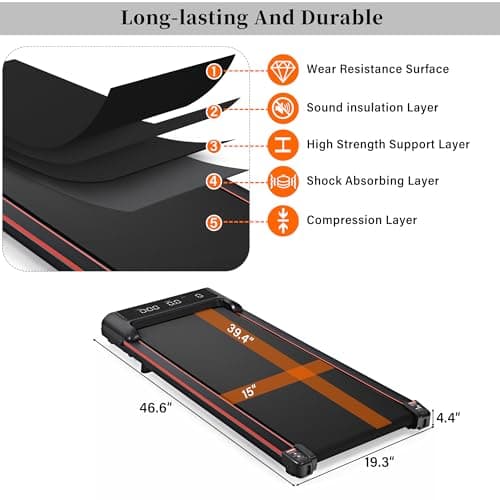 Under Desk Treadmill, Walking Pad 300 lb Capacity, Desk Treadmill for Home Office, 2.5HP Low Noise Walking Treadmill Pad with Remote Control, Portable Treadmill for Home Office (Red) 6