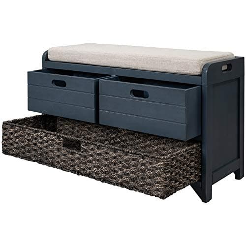 SOFTSEA Upholstered Storage Bench for Entryway, Wood Storage Ottoman with Removable Basket and 2 Drawers, Farmhouse Shoe Bench with Seat Cushion for Entryway, Living Room, Full Assembled, Navy 9