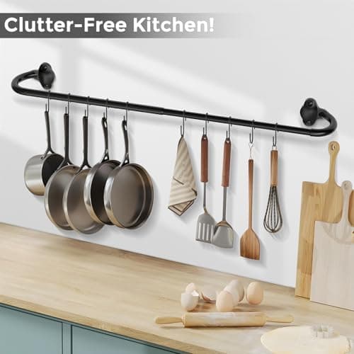 Mogaath Hanging Pot Pan Rack, Heavy Duty 5/8'' Diameter Adjustable Kitchen Organizer, 32 Inch Iron Wall Mounted Pot Rack Detachable Rail with 5 Hooks for Pots, Pans, Lids, Utensils, Matte Black 6