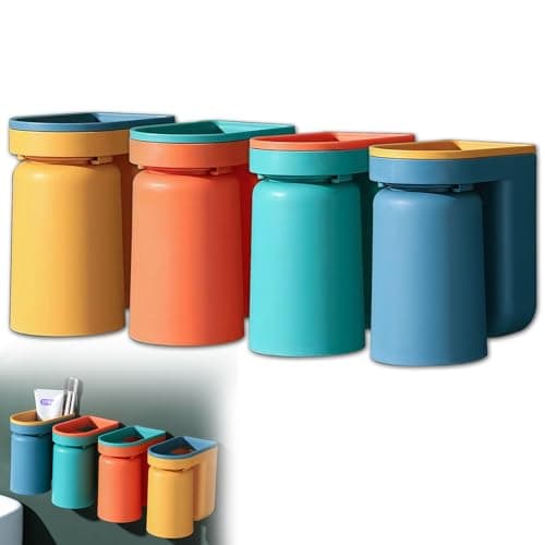 Toothbrush Holder Wall Mounted with Cup,2-in-1 Toothbrush Holders & Cups Set,Inverted Design for Easy Cleaning and draining,Stick-on Toothbrush Holder for Bathroom (4 Pack)