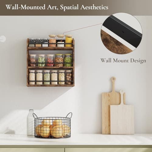 BCOZLUX Spice Rack Wall Mounted, Wood 3 Tier Spice Rack for Countertop, Vertical Spice Organizer for Spice Jars and Seasonings, Hanging Spice Shelf for Kitchen Cabinet, or Pantry, Rustic Brown 2