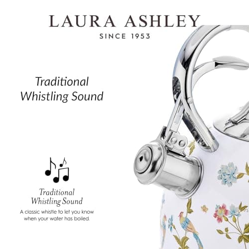 VQ Laura Ashley Elveden White 3L Stainless Steel Tea Kettle Stovetop Whistling Teapot for Induction, Gas Hob or others. Silicon Coated Cool Handle & Push Button Mechanism Vintage Stove Top Kettle 6