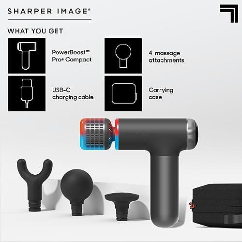 Sharper Image® Powerboost® Pro+ Hot & Cold Compact Deep Tissue Massage Gun - 6 Speed, 4 Attachments, Travel Case| Soothing Heat & Cold Therapy| Portable Lightweight Full Body Shoulder & Back Massager 8