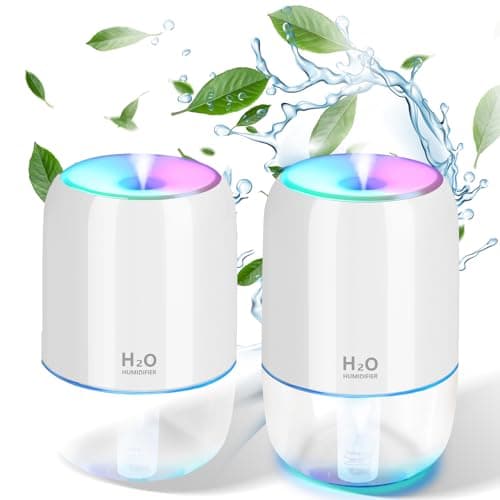 Mini Cool Mist Humidifiers for Bedroom, 2 Pack 200ml for Indoor Plants, Quiet Easy Clean Auto Shut-off Top Fill for Car Office Desktop (White+White)