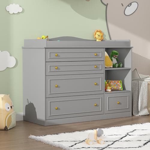 St.Mandyu Grey Changing Table Dresser, Baby Nursery Dresser, Baby Diaper Changing Table, 5 Drawers, Adjustable Shelves, Metal Handle, Curved Wrapping Design, Grey