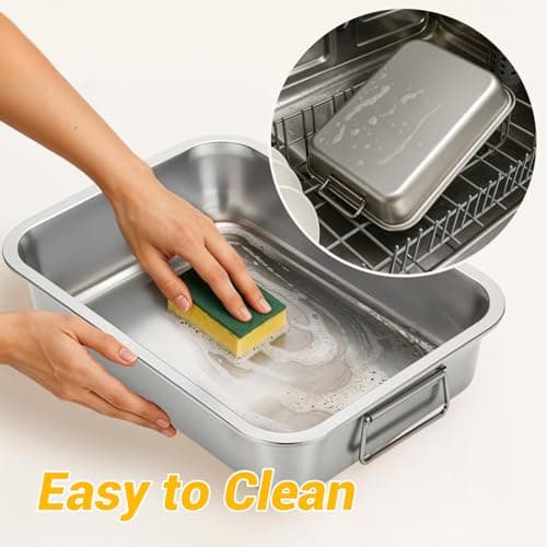 Tifanso Stainless Steel Roasting Pan - Heavy Duty Turkey Roasting Baking Broiler Oven Pan with Rack and Handle for Oven, High Sided Easy to Clean Induction Roast Tray for Chicken, Vegetable, Lasagna 6