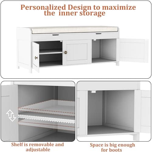 HOMEFORT 41.3" Shoe Bench with Lift Top Storage, Entryway Bench with Cushioned Seat, Wooden End of Bed Bench, Shoe Cabinet Bench with Hidden Storage Space, for Bedroom, Hallway,White 7