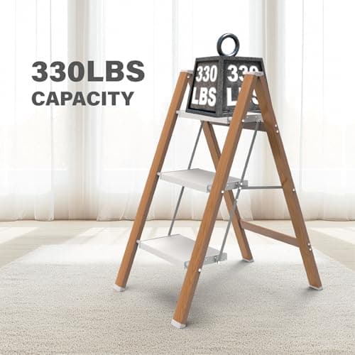3 Step Ladder, Folding Aluminum Step Stool with Anti-Slip Wide Steps for Adults, Ideal for Kitchen, Closet, Bedroom, 330 lbs Capacity (Woodgrain) (Light Woodgrain, 3 Step) 6