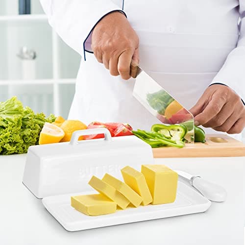 Ceramic Butter Dish Set with Lid and Knife - [White]- Decorative Butter Stick Holder with Handle for 1 Stick of Butter - Microwave Safe, Dishwasher Safe - Anti-Scratch Stickers Included 5