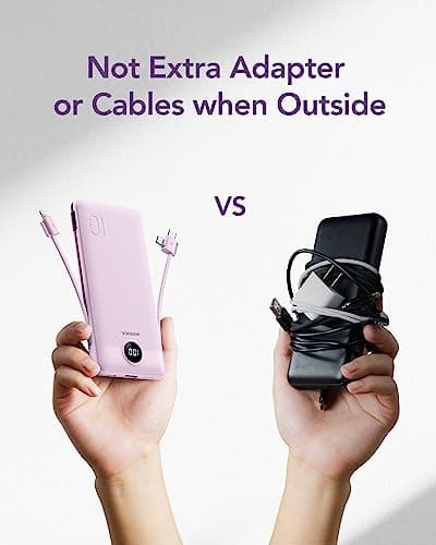VEGER Portable Charger with Built-in AC Plug and Cables, All in One 10000mAh Ultra Slim Power Bank Travel Essentials, Fast Charging Battery Pack Compatible with iPhone, Samsung, Android (Purple) 7