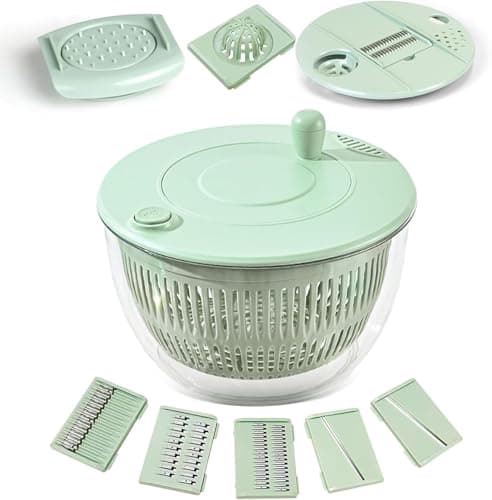 Large Salad Spinner and Slicer - 5.3 Qt, Grater with Container and Lid & Kitchen Gadget set, Vegetable Dryer Grater, with Fruits Wash Bowl, with Slicer and Shredder (Light Green)