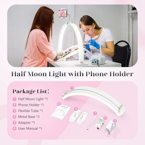 Yokilly Half Moon Light for Nail Desk: 29" Foldable Half Moon Desk Lamp with Phone Holder for Beginner - Arch Nail Tech Light with 3 Color Modes & 10 Brightness for Manicure Salon (White, Large) 7
