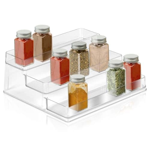 Spice Organization For Cabinet 3 Tier - Plastic Spice Shelf Seasoning Organizer for Pantry - Medicine Cabinet Organizer, Bathroom Counter Makeup organization - 10" x 4" x 9"