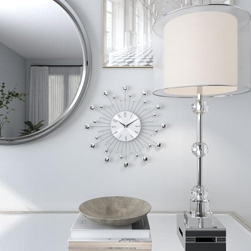 Deco 79 Metal Starburst Decorative Wall Clock With Crystal Accents for Home and Room, 15" x 2" x 15", Silver 7