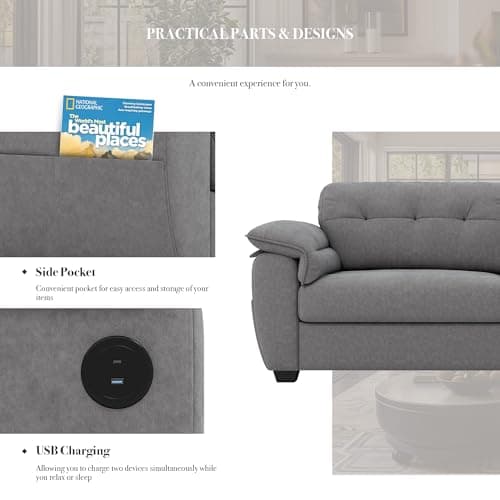 CHYMSUN 87"" Modern Sofa, Comfy Sofa Couch w/Extra Deep Seats, 2/3 Seater Couches w/USB Charging Ports & Side Pockets, Sleeper Sofas for Living Room, Apartment, Office (Grey Chenille), BAESF329DG 5